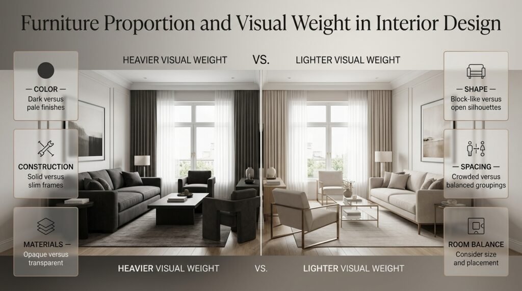Interior design comparison showing how dark bulky furniture and slim, light-colored chairs affect visual weight and room balance.