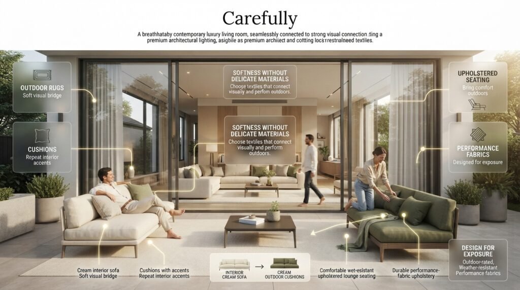 Luxury patio with outdoor rugs, cushions, upholstered seating, and performance fabrics coordinated with an interior living room