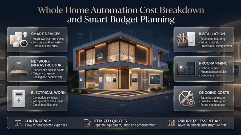 Whole home automation cost breakdown showing smart devices, network upgrades, electrical work, installation, programming, and ongoing expenses.
