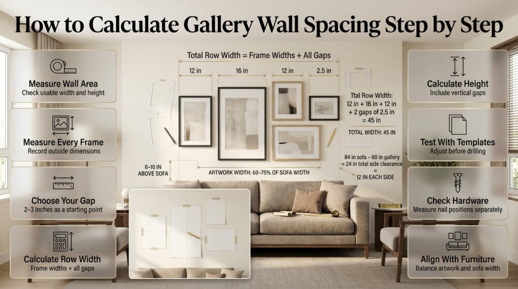 Step-by-step gallery wall spacing calculations showing frame measurements, gap formulas, paper templates, and balanced artwork placement above a sofa.