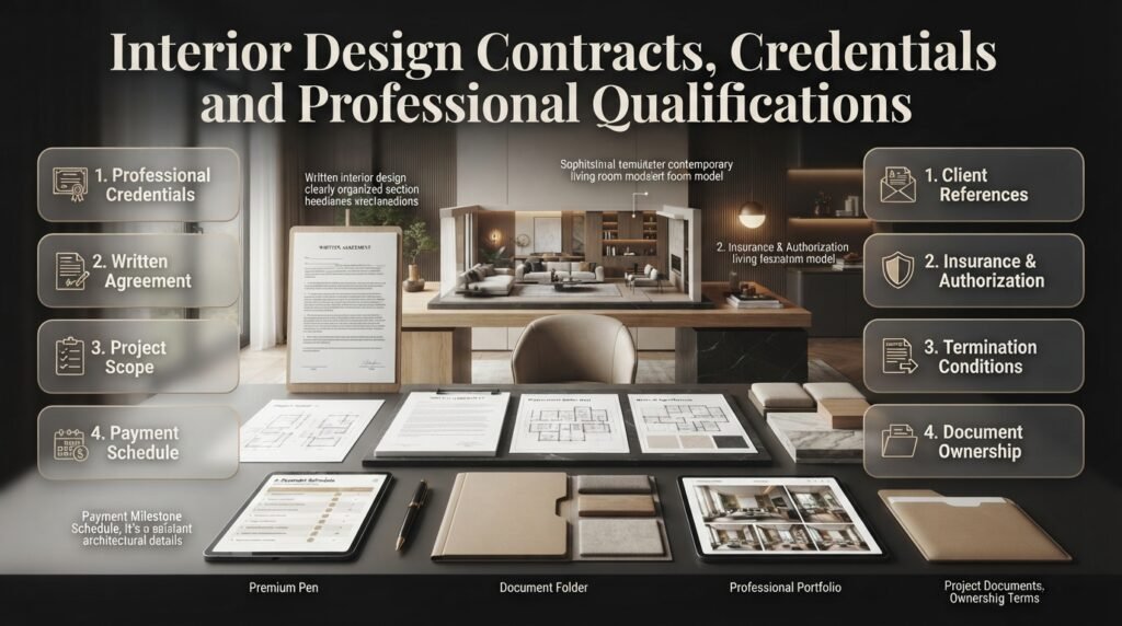 Interior design contract infographic featuring professional credentials, written agreements, payment terms, client references, and contract conditions.