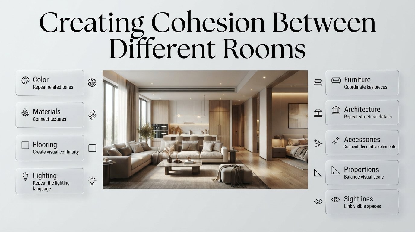 Creating cohesion between different rooms using color, materials, lighting, flooring, furniture, and decorative details.Creating Cohesion Between Different Rooms in Your Home