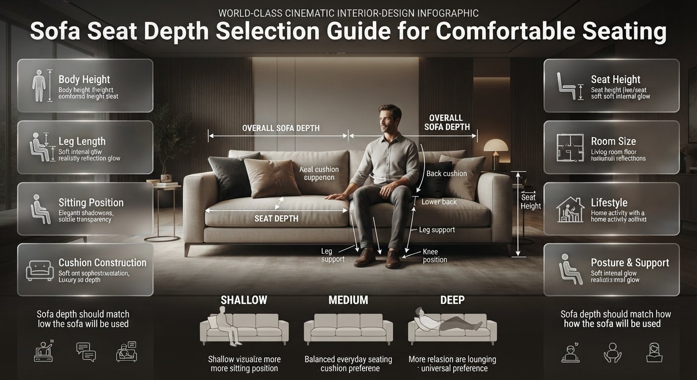 Sofa seat depth selection guide showing how seat depth affects posture, leg support, comfort, cushion feel, and seating position.Sofa Seat Depth Selection Guide for Comfortable Seating