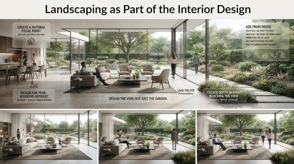 Luxury living room overlooking a carefully landscaped garden with a focal tree, planted pathway, low garden beds, and framed architectural views