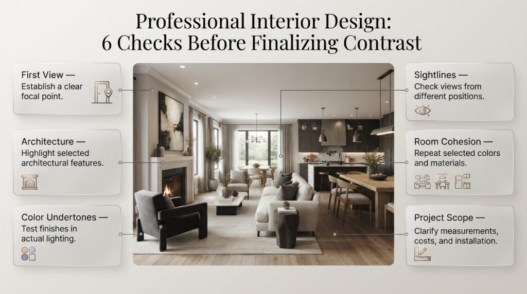 Professional interior design planning with focal points, architectural features, color undertones, sightlines, coordinated rooms, and renovation details.