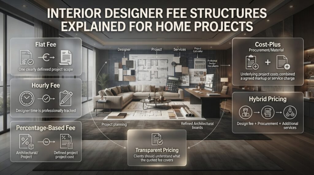Interior designer fee structures explained through flat, hourly, percentage-based, cost-plus, and hybrid pricing models