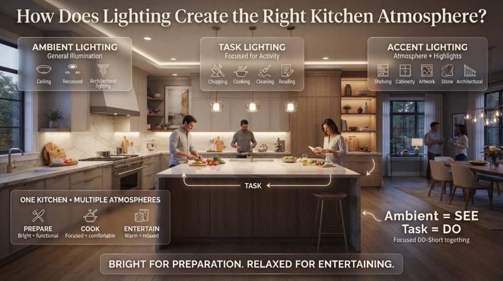Luxury kitchen using ambient, task, and accent lighting to create a bright cooking environment and relaxed entertaining atmosphere