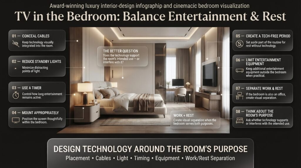TV in the bedroom balanced with concealed cables, reduced standby lights, proper mounting, timers, and separation from work equipment
