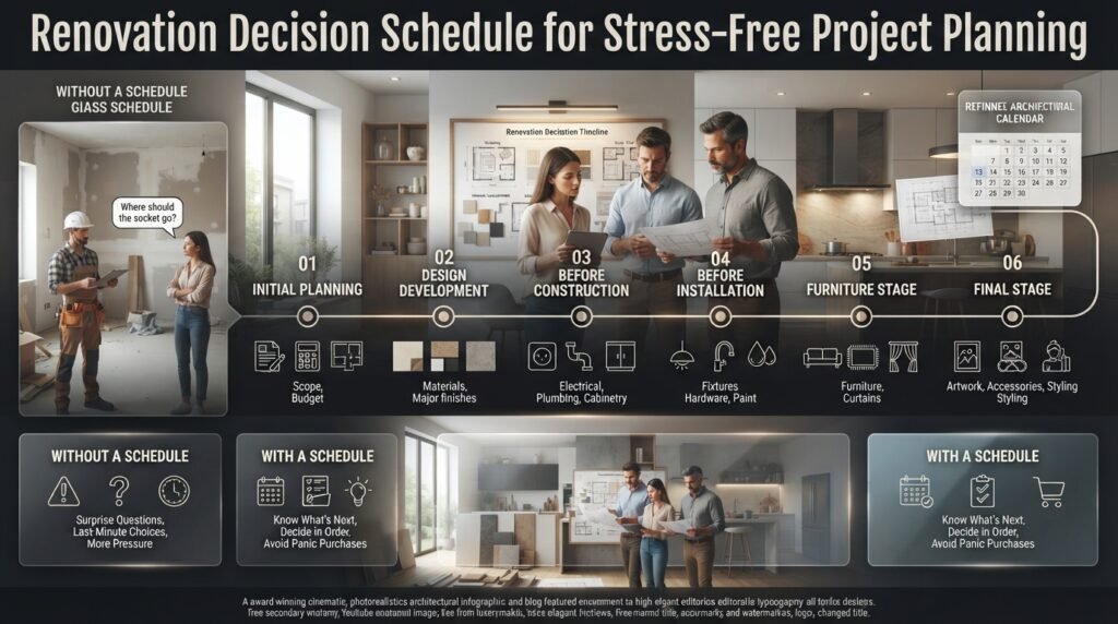 Home renovation decision schedule showing when to choose layout, materials, electrical, fixtures, furniture, and final styling.