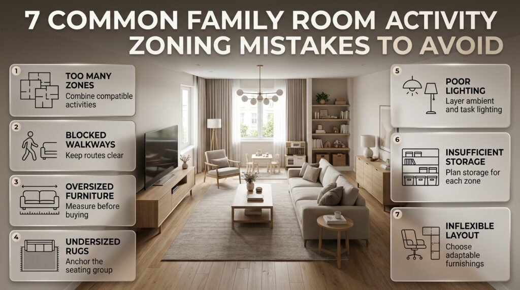 Family room zoning mistakes including oversized furniture, blocked walkways, undersized rugs, poor lighting, and insufficient storage solutions.