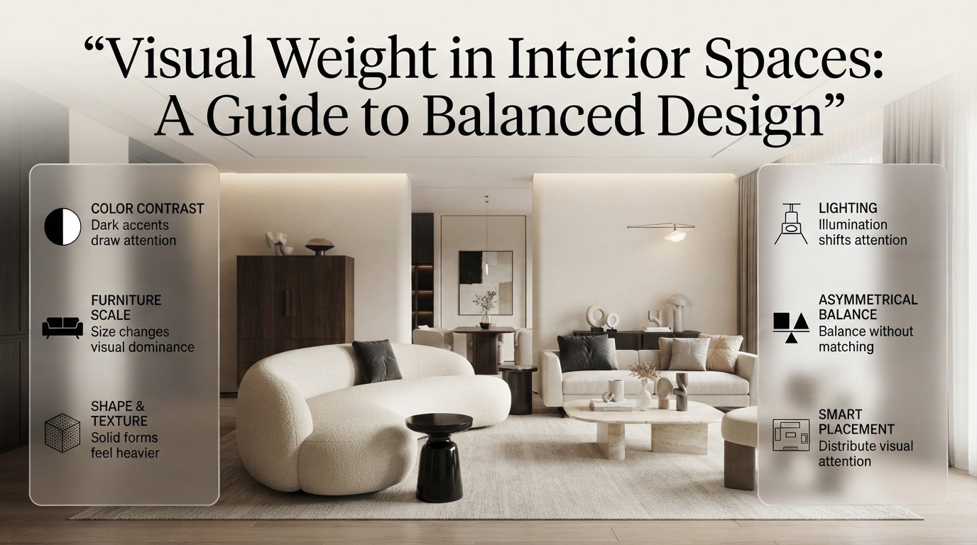 Visual weight in interior spaces illustrated through balanced furniture, contrasting colors, lighting, and luxury living room decor.Visual Weight in Interior Spaces: A Guide to Balanced Design