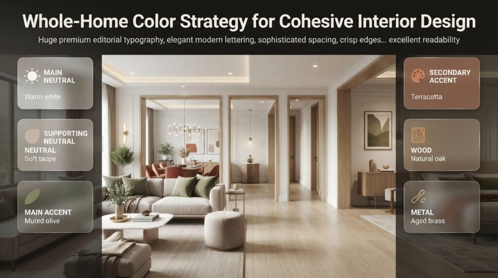 Whole-home color strategy using warm white, taupe, olive, terracotta, natural oak, and aged brass across connected rooms.