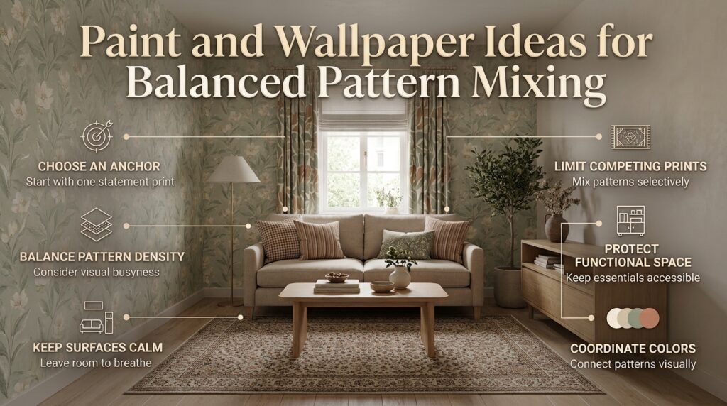 Paint and wallpaper pattern mixing in a stylish living room with floral upholstery, patterned curtains, a decorative rug, and muted walls.