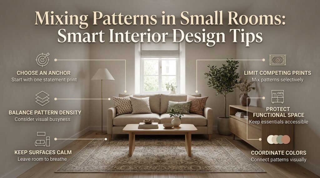 Small room pattern mixing with a patterned rug, neutral furniture, decorative cushions, and organized storage for a balanced interior.
