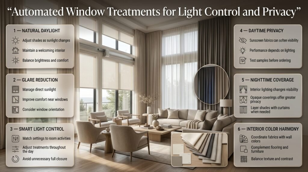 Automated window treatments for light control and privacy, featuring smart roller shades, sheer curtains, blackout drapes, and daylight management in a luxury modern interior.