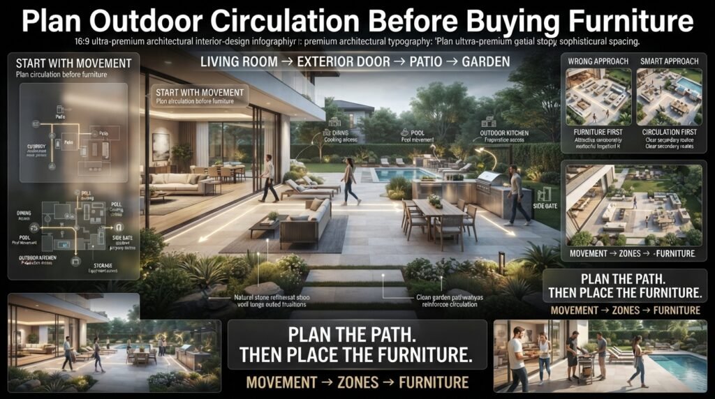 Luxury patio showing planned outdoor circulation from living room to garden, dining, grill, pool, outdoor kitchen, gate, and storage