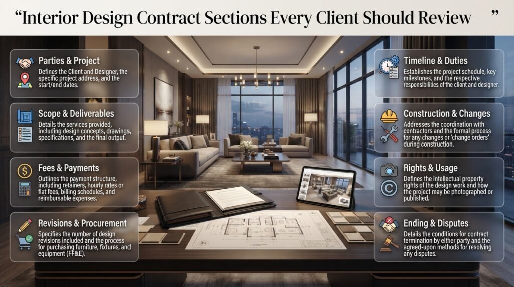 Interior design contract sections covering scope, fees, payments, revisions, procurement, timelines, duties, disputes, and termination