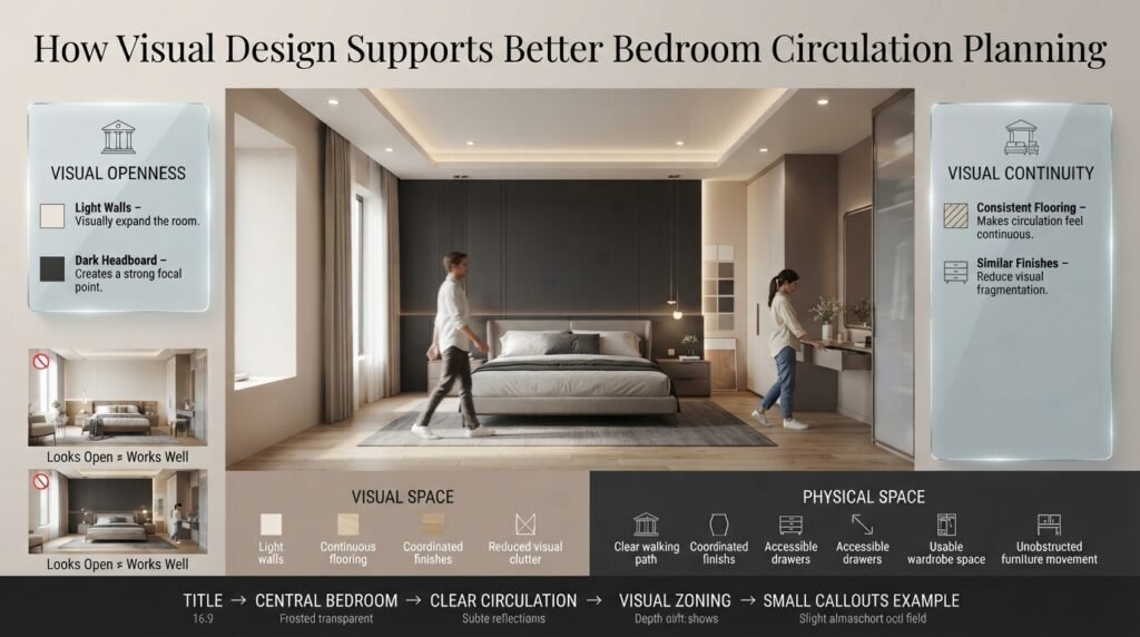 Bedroom showing how light walls, a dark headboard, consistent flooring, and matching furniture create visual openness and clear circulation.