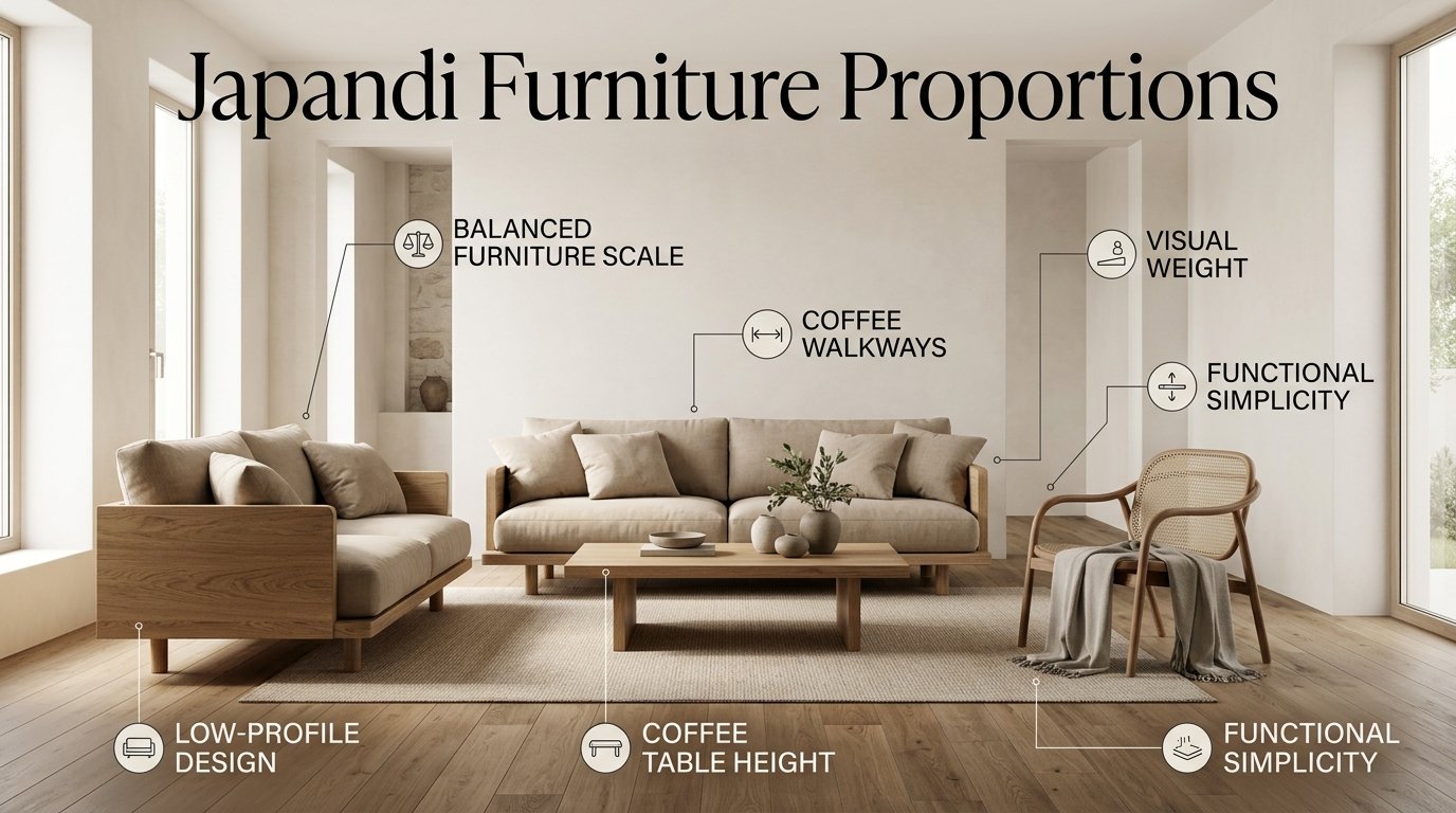 Japandi furniture proportions in a minimalist living room featuring a low natural wood sofa, balanced coffee table, warm neutral colors, and uncluttered furniture placement.