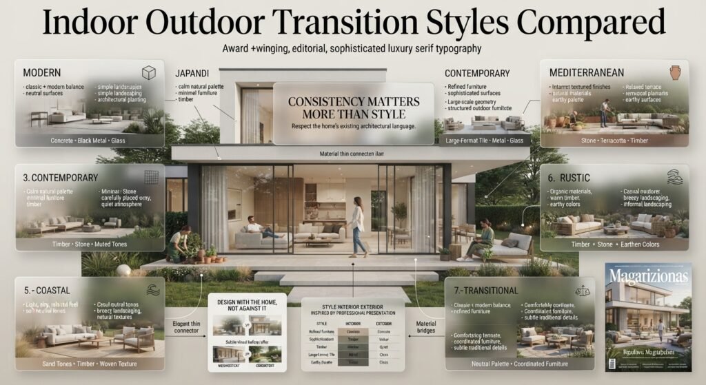 Seven indoor outdoor design styles compared with coordinated materials, colors, furniture, and architectural elements across spaces