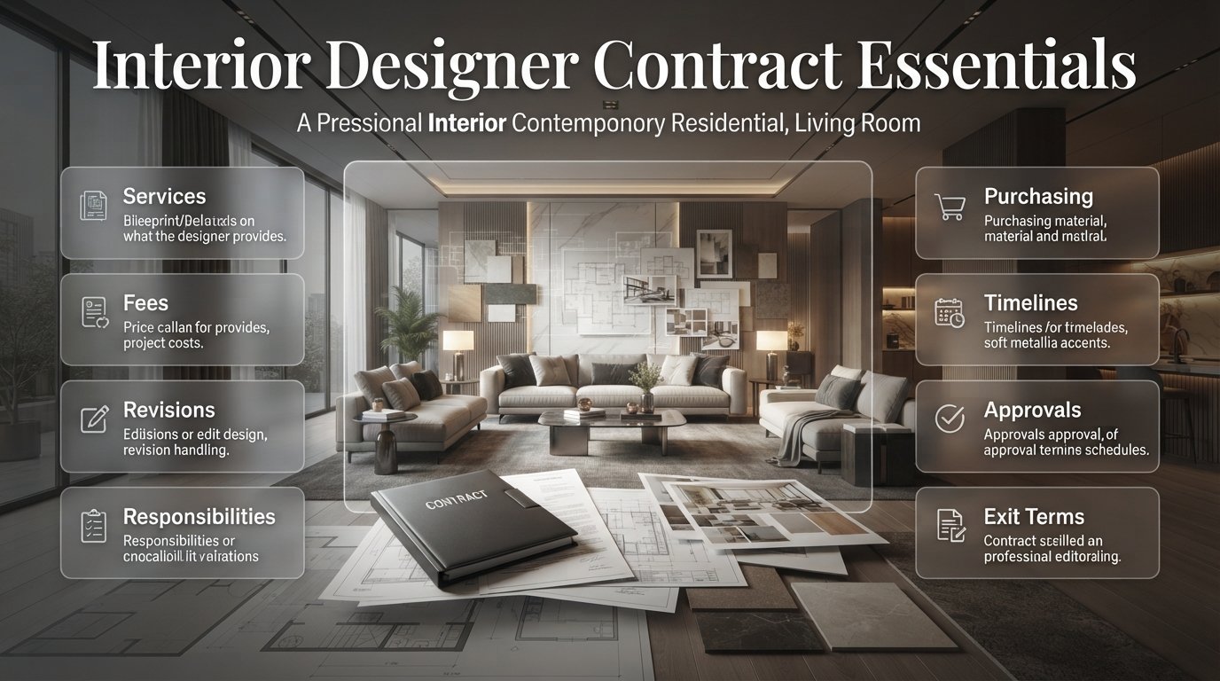 Interior designer contract essentials showing design services, fees, revisions, timelines, approvals, and project responsibilities Interior Designer Contract Essentials for Home Renovation