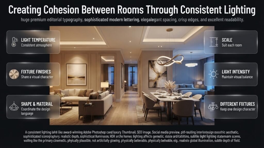 Create cohesive rooms through consistent lighting temperature, fixture finishes, shapes, materials, scale, and light intensity.