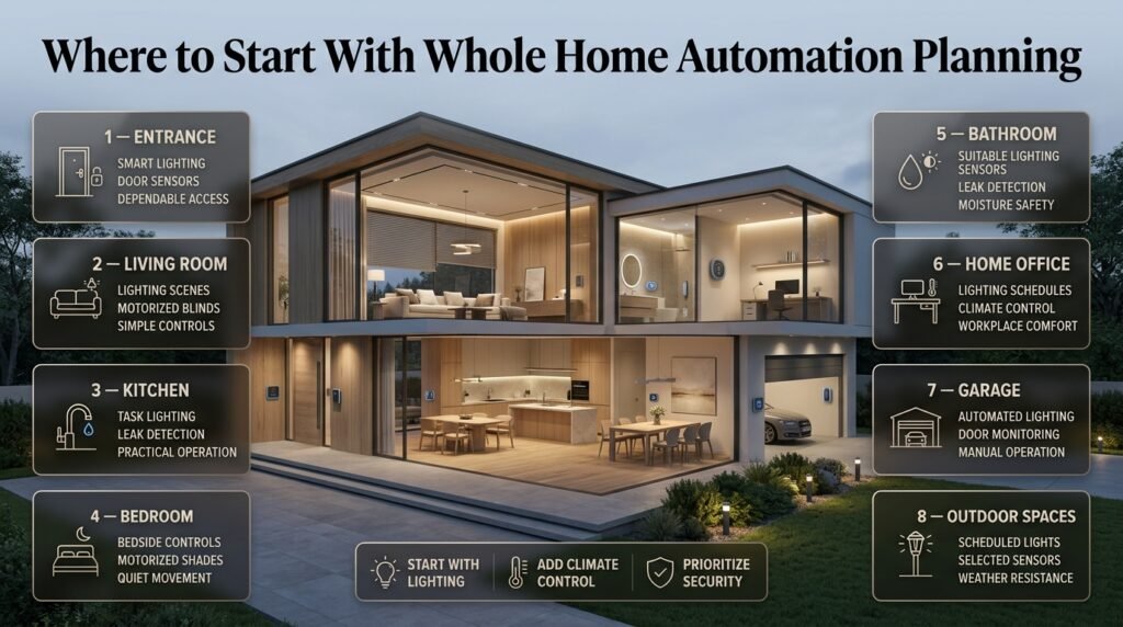 Whole home automation planning with smart lighting, climate control, security sensors, motorized bedroom shades, kitchen leak detection, and outdoor lighting.