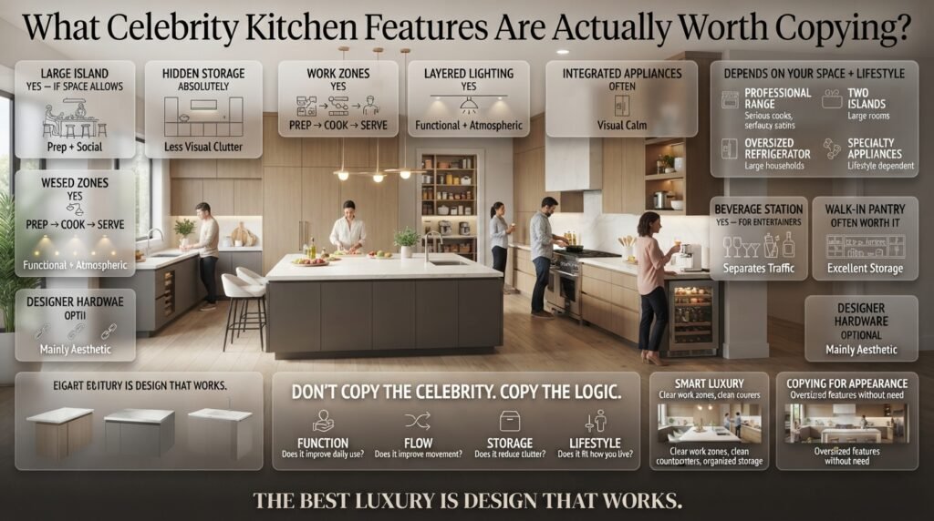 Luxury celebrity-inspired kitchen showing smart features worth copying, including work zones, hidden storage, lighting, pantry, and island design