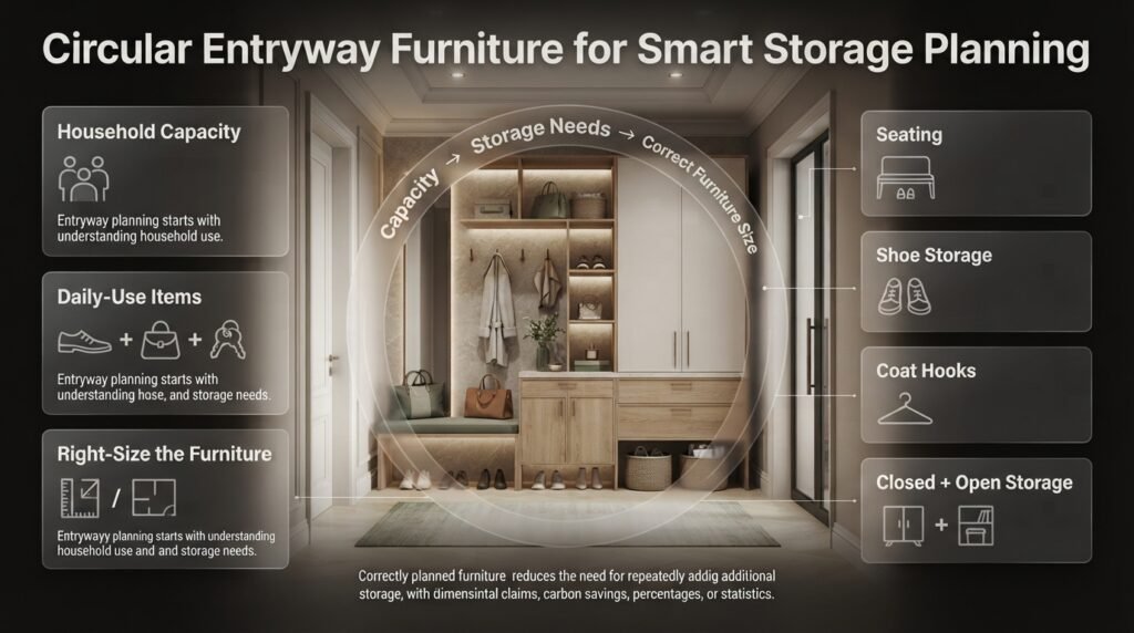 Circular entryway furniture with seating, shoe storage, hooks, cabinets, drawers, and baskets planned for everyday household needs.