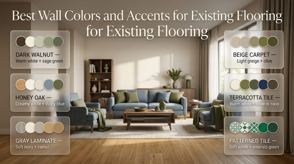 Interior design color guide pairing beige, oak, walnut, gray, and terracotta flooring with complementary wall colors and stylish accents.