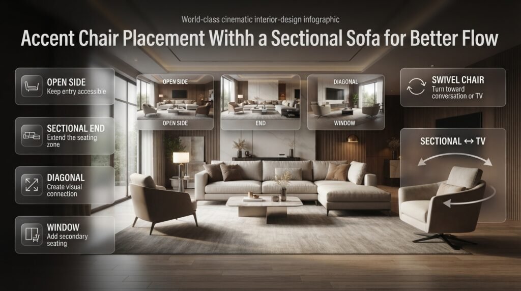 Create a world-class cinematic interior-design infographic based strictly on the supplied content about accent chair placement with a sectional sofa.

EXACT TITLE AT THE TOP

Place this exact title at the top:

“Accent Chair Placement With a Sectional Sofa for Better Flow”

Do not change, shorten, paraphrase, or misspell the title.

Use huge premium editorial typography, sophisticated modern lettering, elegant spacing, crisp edges, and excellent readability.

CENTRAL HERO OBJECT

Make the central hero a luxurious contemporary living room featuring an L-shaped sectional sofa and one premium accent chair.

The sectional should naturally establish a strong seating shape.

Position the accent chair near the open side of the sectional, slightly angled inward toward the sectional.

The chair should complement the sectional without competing with its dominant shape.

SECTIONAL ARRANGEMENT

Clearly show the sectional as the primary seating anchor.

Use a refined L-shaped configuration:

long sofa section
perpendicular chaise/section
open entry side
accent chair positioned outside the natural seating entrance

The chair must not block the sectional's natural entry point.

Leave a clearly visible and comfortable-looking access path into the seating zone.

VISUAL PLACEMENT OPTIONS

Around the main hero composition, subtly incorporate three smaller architectural visualization zones showing alternative chair positions:

OPEN SIDE
Accent chair beside the open side

END
Accent chair at the sectional end

DIAGONAL
Accent chair diagonally across

And a fourth subtle option:

WINDOW
Secondary seating near a window

Keep these secondary scenes visually smaller than the central hero.

LEFT GLASS PANELS

Place four premium futuristic glassmorphism panels on the left:

OPEN SIDE
Keep entry accessible

SECTIONAL END
Extend the seating zone

DIAGONAL
Create visual connection

WINDOW
Add secondary seating

Use elegant minimalist icons:

open seating icon
sectional/furniture icon
diagonal directional icon
window/chair icon
RIGHT-SIDE HERO PANEL — SWIVEL CHAIR

Give the swivel chair special visual emphasis.

Show a premium swivel accent chair positioned near the sectional.

Create a subtle dual-direction visual indicator around the chair:

SECTIONAL ↔ TV

The chair should visually demonstrate that it can rotate between two directions.

Add a glass panel:

SWIVEL CHAIR
Turn toward conversation or TV

Use a refined rotation/360-degree arrow icon.

FUNCTIONAL FLOW

Make the room clearly demonstrate that furniture placement affects accessibility.

Keep the natural entry point of the sectional completely open.

Add a concise glass callout:

KEEP ENTRY OPEN
Avoid blocking the seating zone

Use a minimalist pathway icon.

SWIVEL CHAIR — TWO USES

Show the swivel chair as a flexible piece of furniture.

One subtle visual direction should point toward the sectional, communicating:

CONVERSATION

A second direction should point toward a television, communicating:

TV VIEWING

Do not show two physical chairs.

It must clearly be the same swivel chair rotating between directions.

ROOM SCALE

Create a sophisticated living room with enough space for the sectional and accent chair to breathe.

Avoid excessive furniture.

The room should feel spacious but realistic.

Do not introduce numerical measurements that were not provided.

BACKGROUND

Use a high-end contemporary living room featuring:

elegant L-shaped sectional
premium swivel accent chair
refined coffee table
large architectural window
tasteful television placement
natural wood
sophisticated neutral upholstery
elegant flooring
subtle decorative accessories
realistic architectural proportions

Use a polished residential environment rather than an empty showroom.

LIGHTING

Use cinematic interior lighting:

soft natural daylight through the window
warm ambient illumination
subtle ceiling lighting
realistic shadows
controlled highlights
natural reflections
realistic material response
HDR-quality rendering
physically believable light
cinematic depth

Ensure the chair and sectional remain visually prominent.

GLASSMORPHISM INFOGRAPHIC

Integrate the callout panels naturally into the scene.

Use:

translucent premium glass
subtle reflections
soft edge highlights
elegant thin borders
realistic depth
sophisticated icons
crisp typography
balanced spacing

The glass panels should resemble a high-end architectural presentation interface, not a generic technology graphic.

VISUAL MESSAGE

The entire image should communicate:

A sectional already defines the seating shape, so the accent chair should add flexibility without blocking access.

The composition should make the viewer understand this immediately through furniture positioning.

OVERALL AESTHETIC

Create an award-winning Adobe Photoshop interior-design infographic combined with luxury architectural photography.

Style keywords:

photorealistic luxury living room, cinematic sectional sofa, premium accent chair, swivel chair, sophisticated furniture layout, architectural visualization, premium editorial infographic, futuristic glassmorphism, realistic furniture proportions, luxury interior photography, HDR, ultra-detailed materials, elegant typography, professional YouTube thumbnail, high-end magazine design

COMPOSITION

Use a 16:9 horizontal composition optimized for:

Blog Featured Image
YouTube Thumbnail
SEO image
Social media preview

Composition hierarchy:

EXACT TITLE → CENTRAL SECTIONAL + ACCENT CHAIR → OPEN ENTRY PATH → SWIVEL FUNCTION → GLASS CALLOUTS

Keep the sectional and accent chair as the dominant visual elements.

Make the open entry point clearly visible.

Ensure the glass panels never obscure the main furniture arrangement.

TEXT ACCURACY

All visible text must be:

perfectly spelled
sharp
highly readable
professionally aligned
correctly rendered
free from distortion
free from random letters
free from gibberish

Keep all infographic text concise.

Never place long paragraphs inside the image.

STRICT NEGATIVE PROMPT

No chair blocking the sectional entry point, no overcrowded seating, no excessive furniture, no multiple swivel chairs, no duplicated furniture, no impossible sectional geometry, no distorted furniture, no blocked pathways, no invented measurements, no fake statistics, no unrelated design rules, no malformed icons, no random text, no gibberish, no illegible typography, no logos, no watermark, no brand names, no cartoon rendering, no flat generic infographic, no excessive neon effects, no unrealistic glowing furniture, no low-resolution textures, no chaotic composition, no unrealistic lighting.