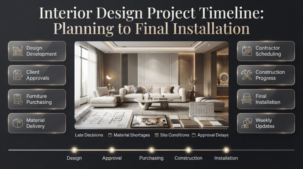 Interior design project timeline infographic showing design approvals, furniture purchasing, material delivery, construction scheduling, and final installation.Interior Design Project Timeline: Planning to Final Installation