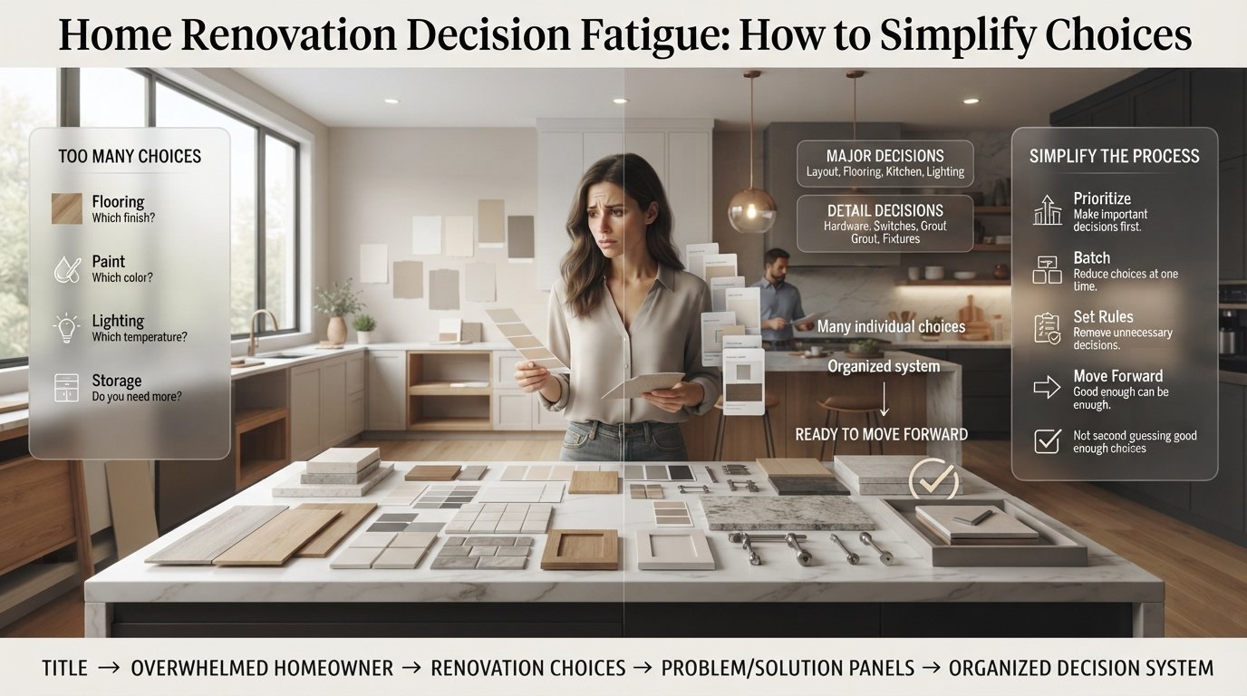 Homeowner overwhelmed by renovation choices including flooring, paint, tiles, lighting, cabinets, fixtures, and storage decisions.Home Renovation Decision Fatigue: How to Simplify Choices