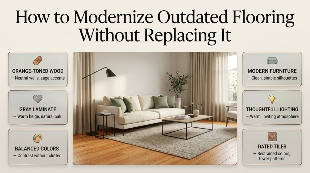 Modern living room with orange-toned oak flooring, cream furniture, sage accents, and contemporary decor that refreshes dated floors.