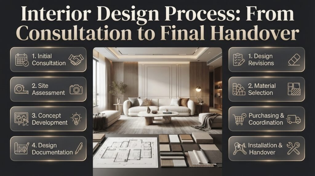 Interior design process infographic showing consultation, site assessment, floor plans, design revisions, material selection, installation, and final handover.