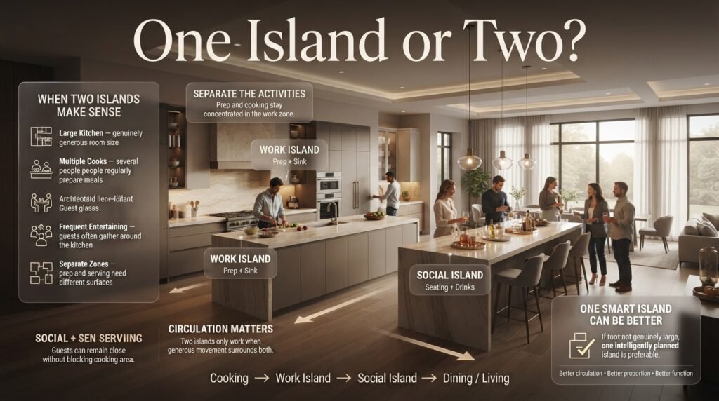 Luxury kitchen with two islands separating food preparation, cooking, serving, seating, and social activities with clear circulation