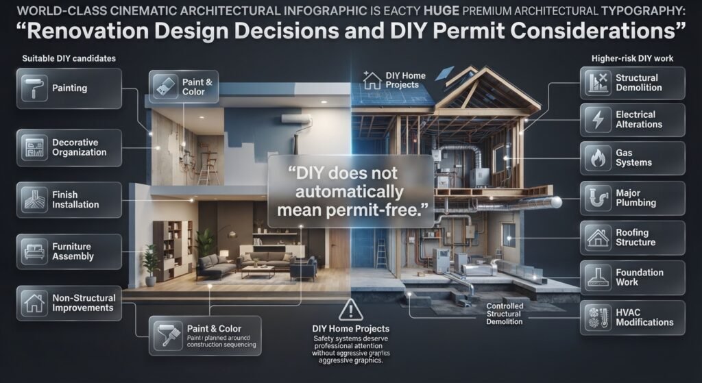 Renovation design and DIY permit considerations comparing painting, decorating, structural, electrical, plumbing, roofing, and HVAC work.