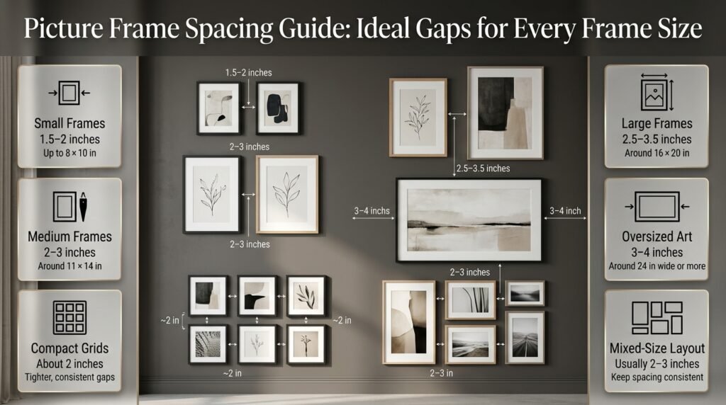 Picture frame spacing guide showing ideal gaps between small, medium, and oversized frames in a balanced gallery wall arrangement.