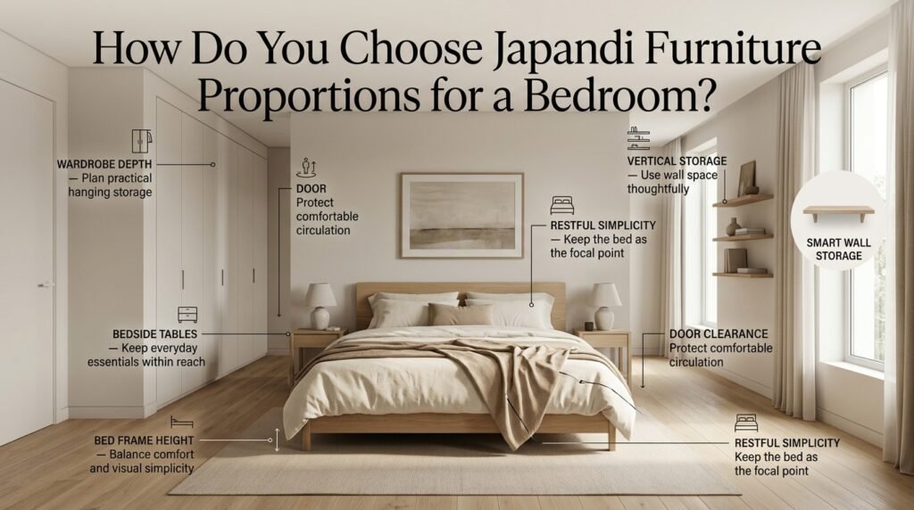 Japandi bedroom furniture proportions featuring a low platform bed, balanced bedside tables, a streamlined full-height wardrobe, and minimalist wall shelves.
