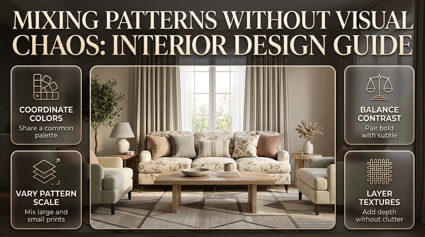 Mixing floral, striped, and geometric patterns in a stylish living room with coordinated colors, balanced prints, and layered textures.Mixing Patterns Without Visual Chaos: Interior Design Guide