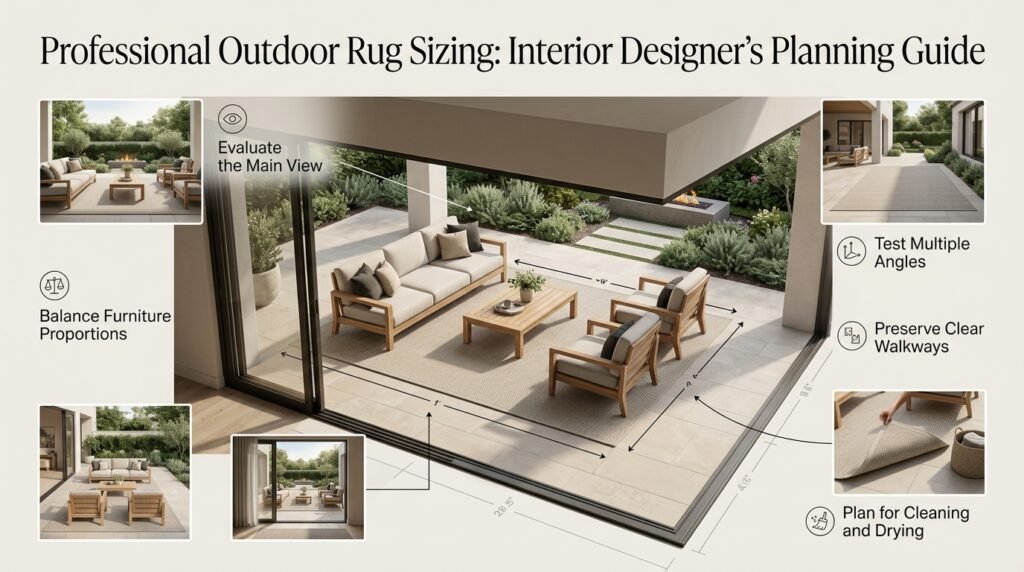 Professional outdoor rug sizing guide showing patio furniture proportions, doorway sightlines, walking routes, and practical rug placement.