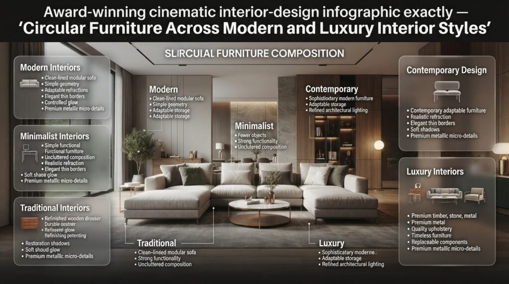 Circular furniture adapted across modern, minimalist, traditional, contemporary, and luxury interior styles with durable design choices.