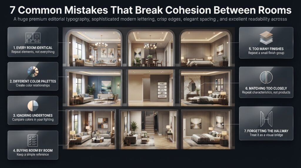 Seven common interior design mistakes that can break cohesion between rooms, from mismatched colors to excessive finishes.
