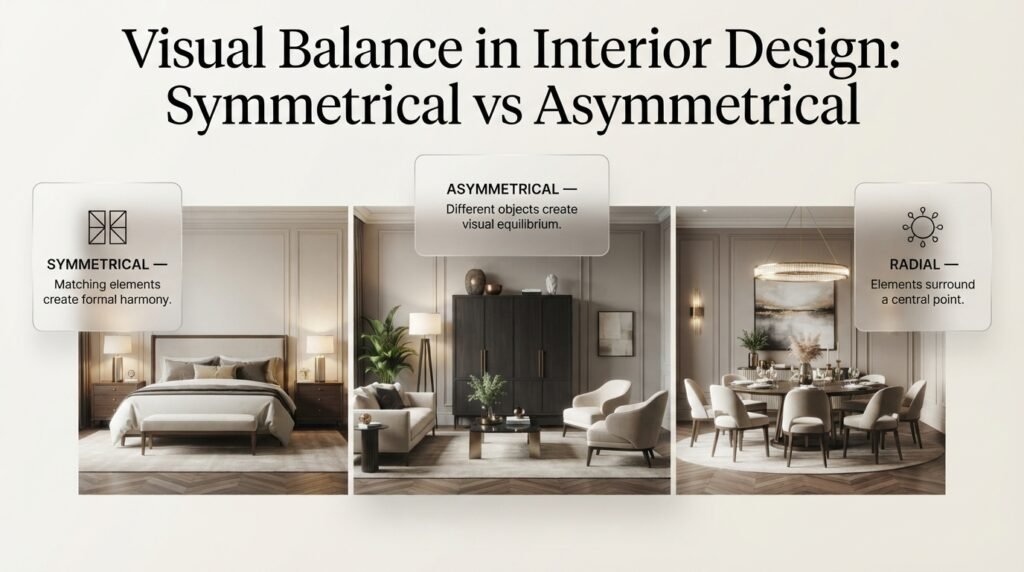 Visual balance in interior design comparing symmetrical, asymmetrical, and radial arrangements in elegant contemporary living spaces.