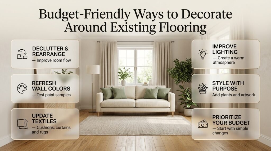 Budget-friendly living room makeover with existing wood flooring, rearranged furniture, neutral rugs, stylish cushions, and warm lighting.
