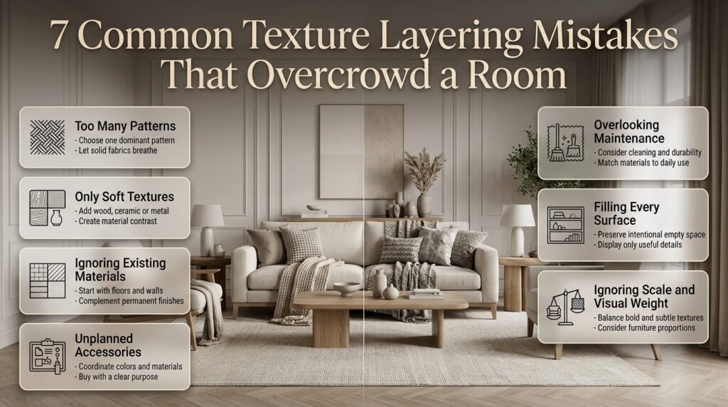 Seven texture layering mistakes in interior design, including clashing patterns, excessive soft furnishings, mismatched materials, and cluttered surfaces.
