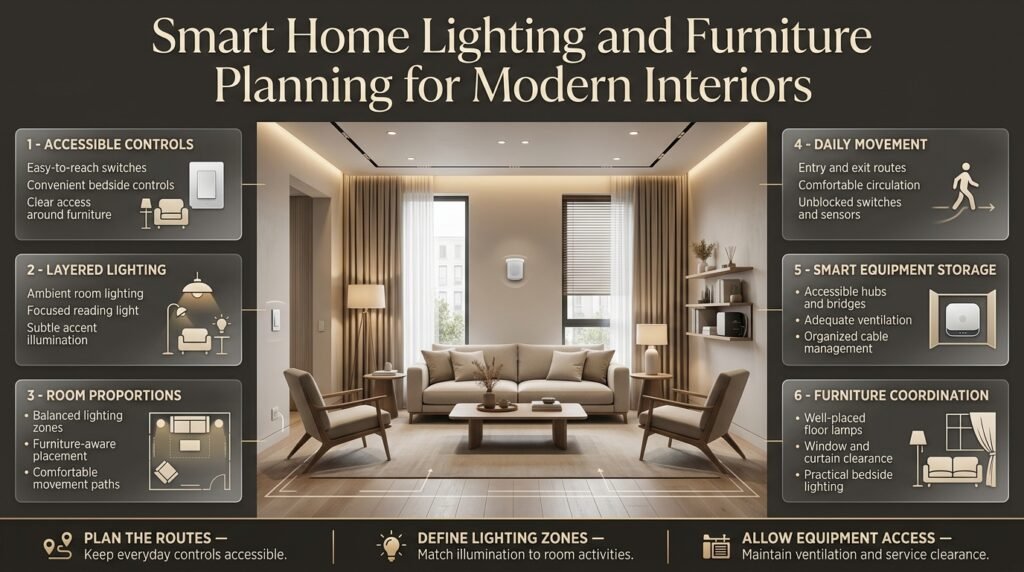 Smart home lighting and furniture planning showing accessible controls, layered lighting zones, bedside switches, and furniture arranged for comfortable movement.