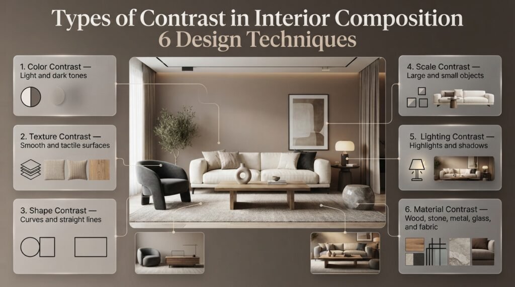 Types of contrast in interior composition featuring color, texture, shape, scale, lighting, and materials in a balanced modern living room.