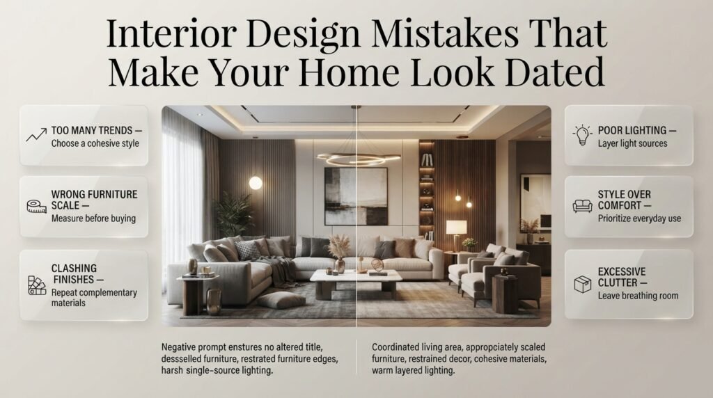 Interior design mistakes including overcrowded decor, mismatched finishes, oversized furniture, poor lighting, and excessive colors.