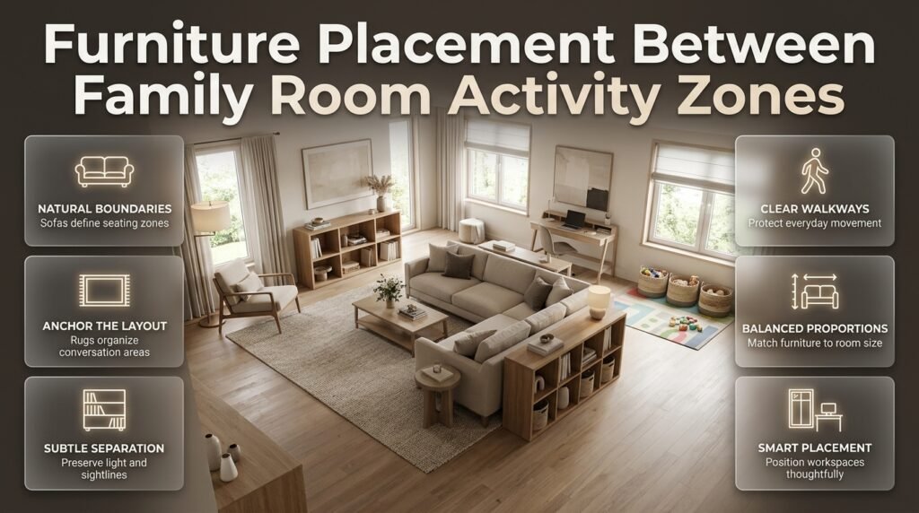 Family room furniture placement with a sofa, low bookcase, area rug, and clear walkways defining activity zones in a balanced layout.